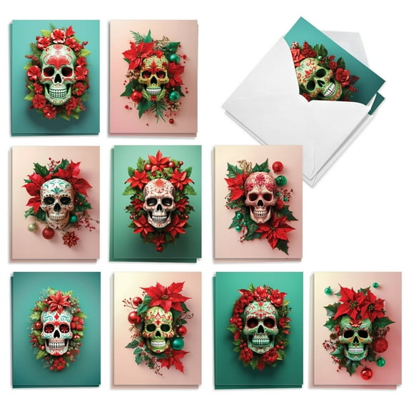 The Best Card Company 20 Assorted Christmas Notecards Boxed Set 4 x 5.12 Inch with Envelopes (10 Designs, 2 Each) Holiday Skulls And Flowers AM10775XSG-B2x10