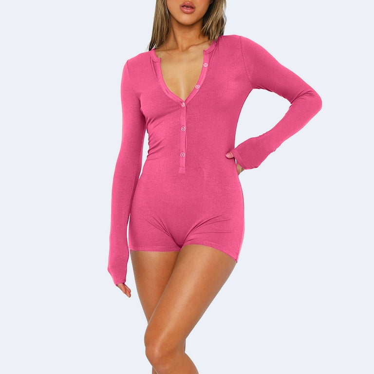Penkiiy Women Short Sleeve Knit Jumpsuit Button Down Lapel Collared Romper Bodycon One Piece Bodysuit Playsuit XS Hot Pink Walmart