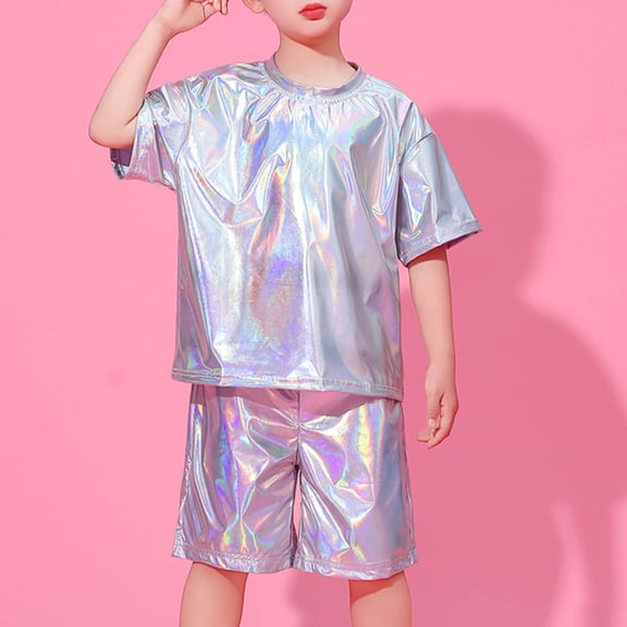 Boys Performance Costumes Metallic Sequin Short Sleeve Tops Shorts Sets Silver 6-7 Years