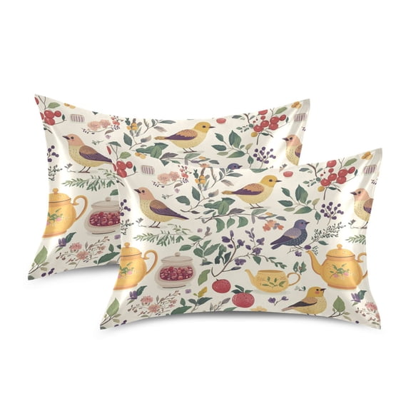 Yayeee Pillowcase Standard Size Set of 2 Satin Wrinkle Resistant Envelope Pillow Case, Birds and Teapots