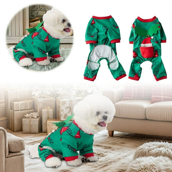 Dog Christmas Pajamas Soft Lightweight Spandex Puppy Xmas Outfit with Holly Evergreen Berry Pattern and Green Wing Warm Pet Winter Clothes for Small Medium Large Pet Dogs Puppy Cats Kitten M