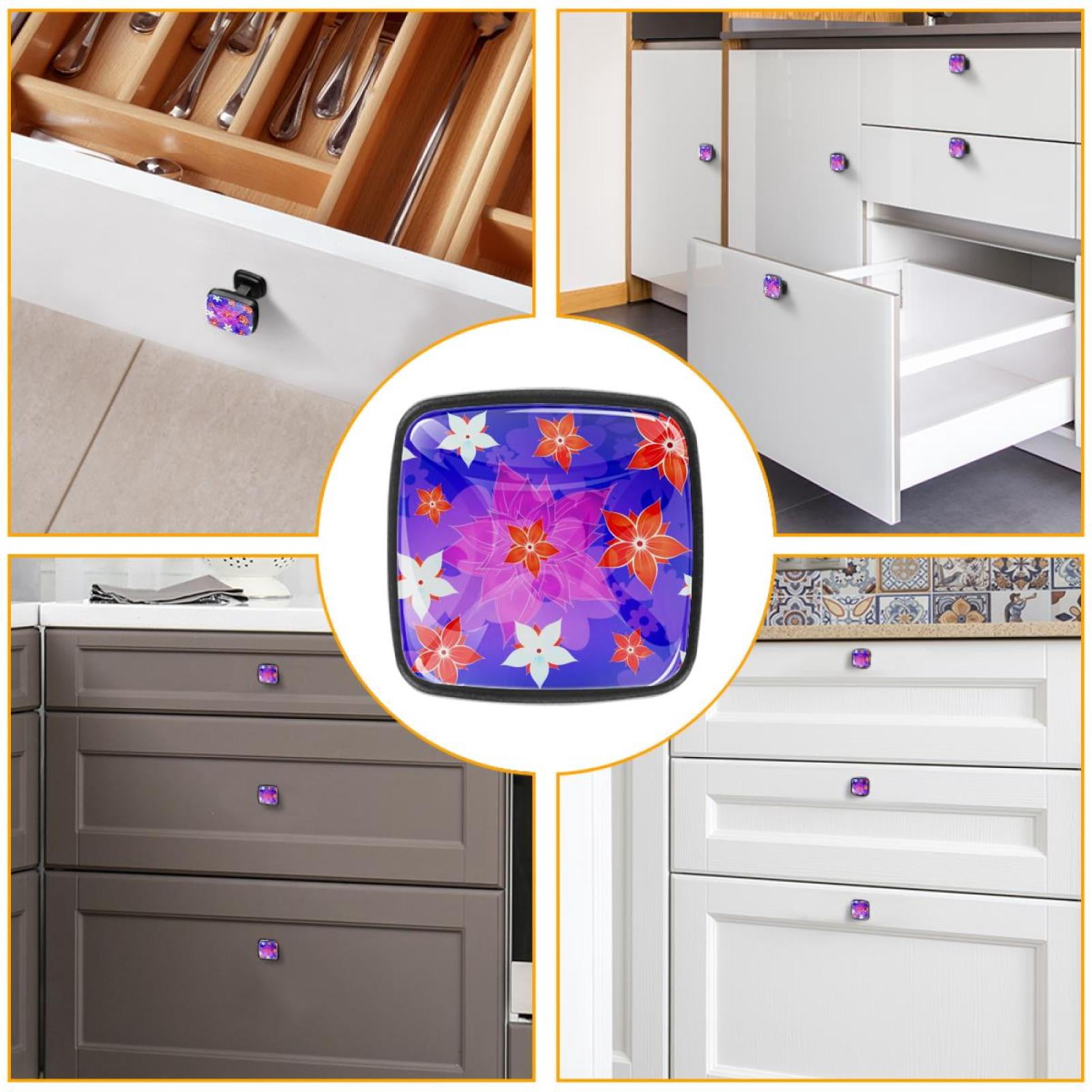 4 Pcs Cabinet Handle Drawer Pulls Blue Floral Flower Knobs with Screws Square Furniture Office Cabinet Knob Decoration