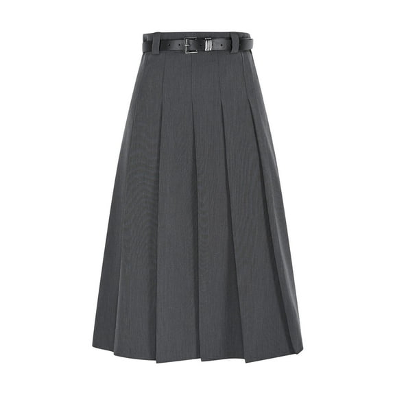 Women's A-Line Midi Long Pleated High Waist Fashion Skirt School Uniform Zipper Belted Long Skirt