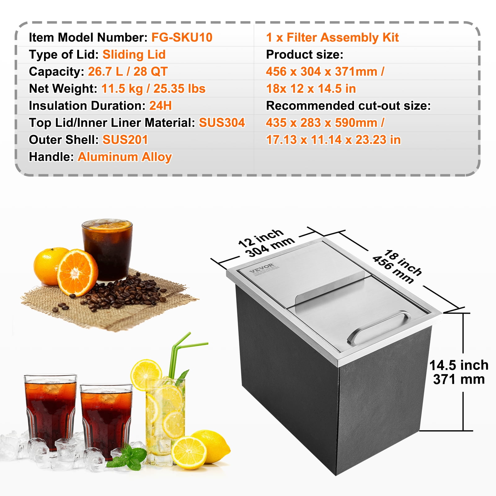 KFFKFF 18"x12"x14.5" Drop in Ice Chest Ice Cooler Ice Bin Stainless Steel w/Cover
