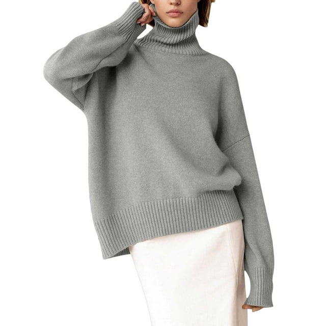 Daznico Women's Knitted Sweaters,Women Long High Neck Solid Color Ribbed Knit Lightweight Pullover Sweater,Womens Oversized Sweaters,Size L