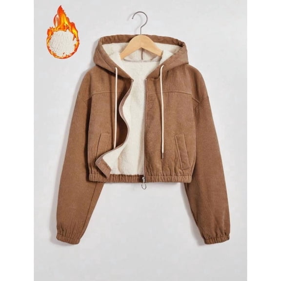 SDNall Women's Warm Corduroy Jacket, Solid Color Hooded, Long Sleeve, Pockets