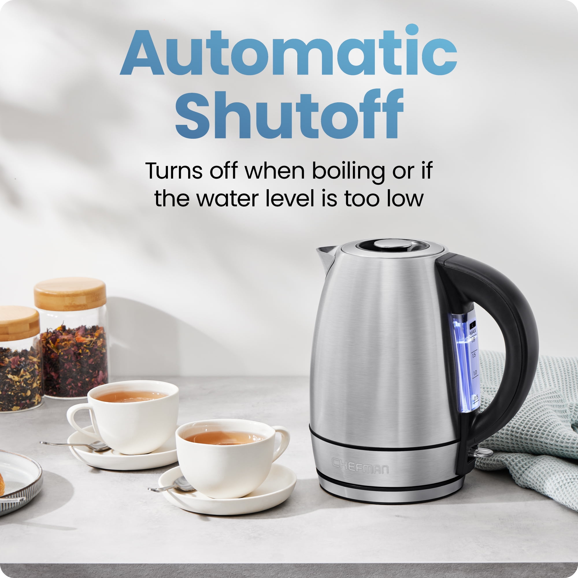 Chefman 1.8 Liter Electric Kettle, 1500W Rapid Water Boiler with Lift-Out Lid – Stainless Steel
