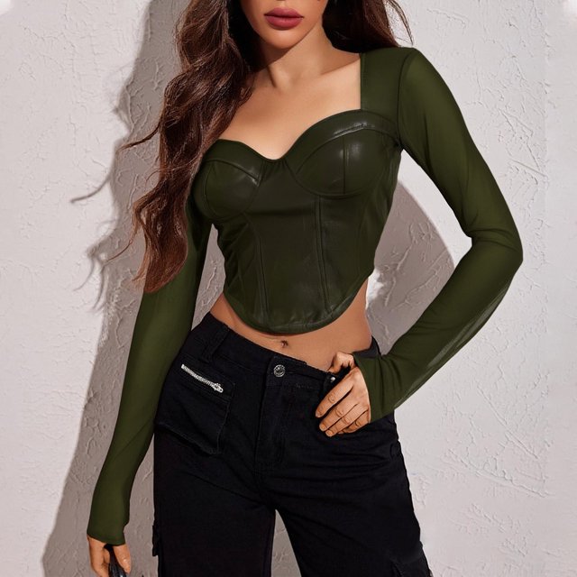 MHFRRA Camiseta Corta Sexy de Manga Larga para Mujer, Cuello Cuadrado, Malla, Espalda descubierta, Ajustada, con Ribete de Cuero, Elegante y Elegante, Informal. Verde