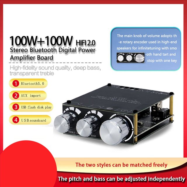 2X Placa Amplificadora de Subwoofer de Potencia de 100 W + 100 W Bluetooth 5,0, Amplificador de Ecualizador Estéreo de Audio para El Hogar de Clase D de 2,1 Canales XY-T100L