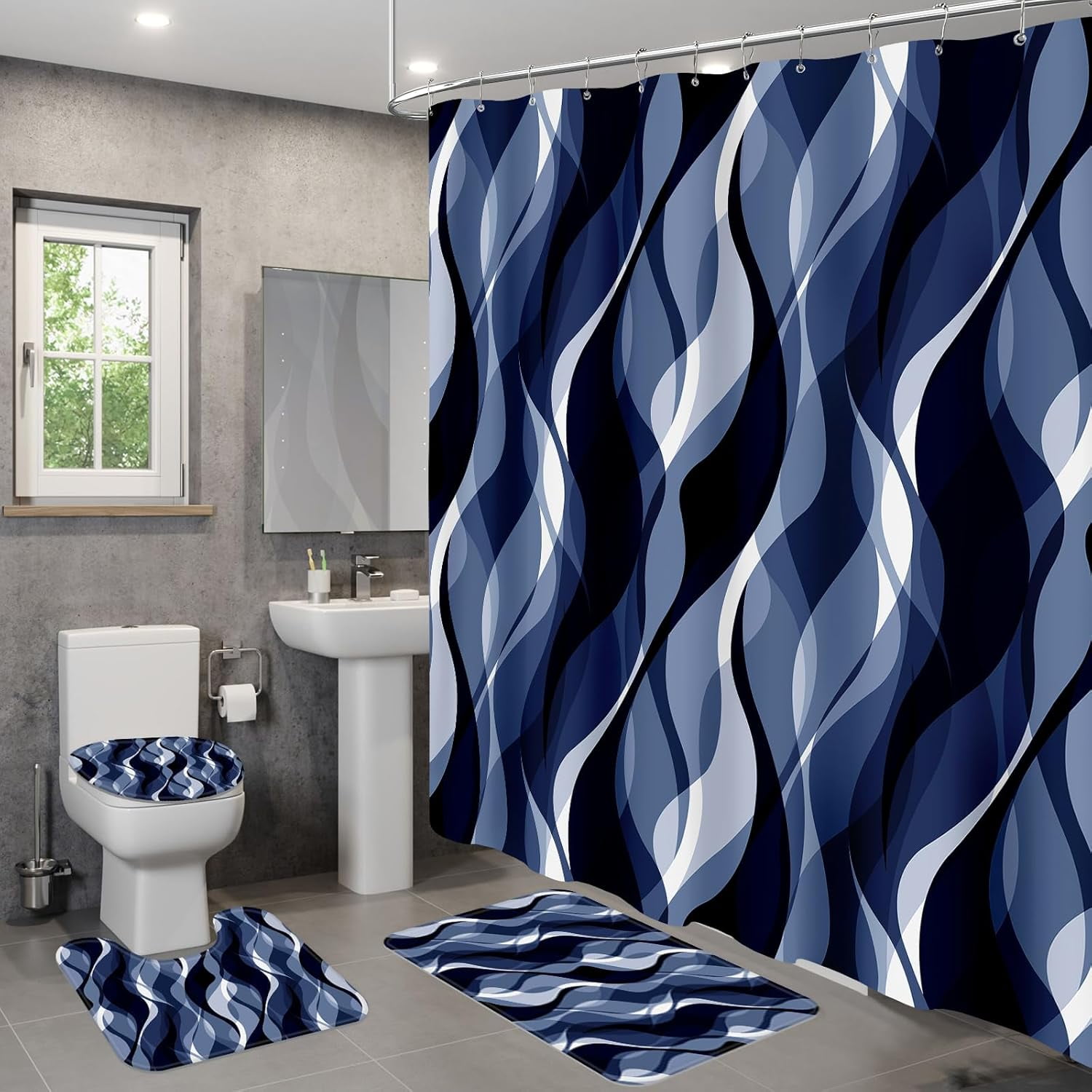 4PCS Navy Blue Bathroom Sets with Shower Curtain and Rugs, Abstract Striped Shower Curtain Sets with Rugs, Modern Luxury Bathroom Curtains Shower Set Accessories