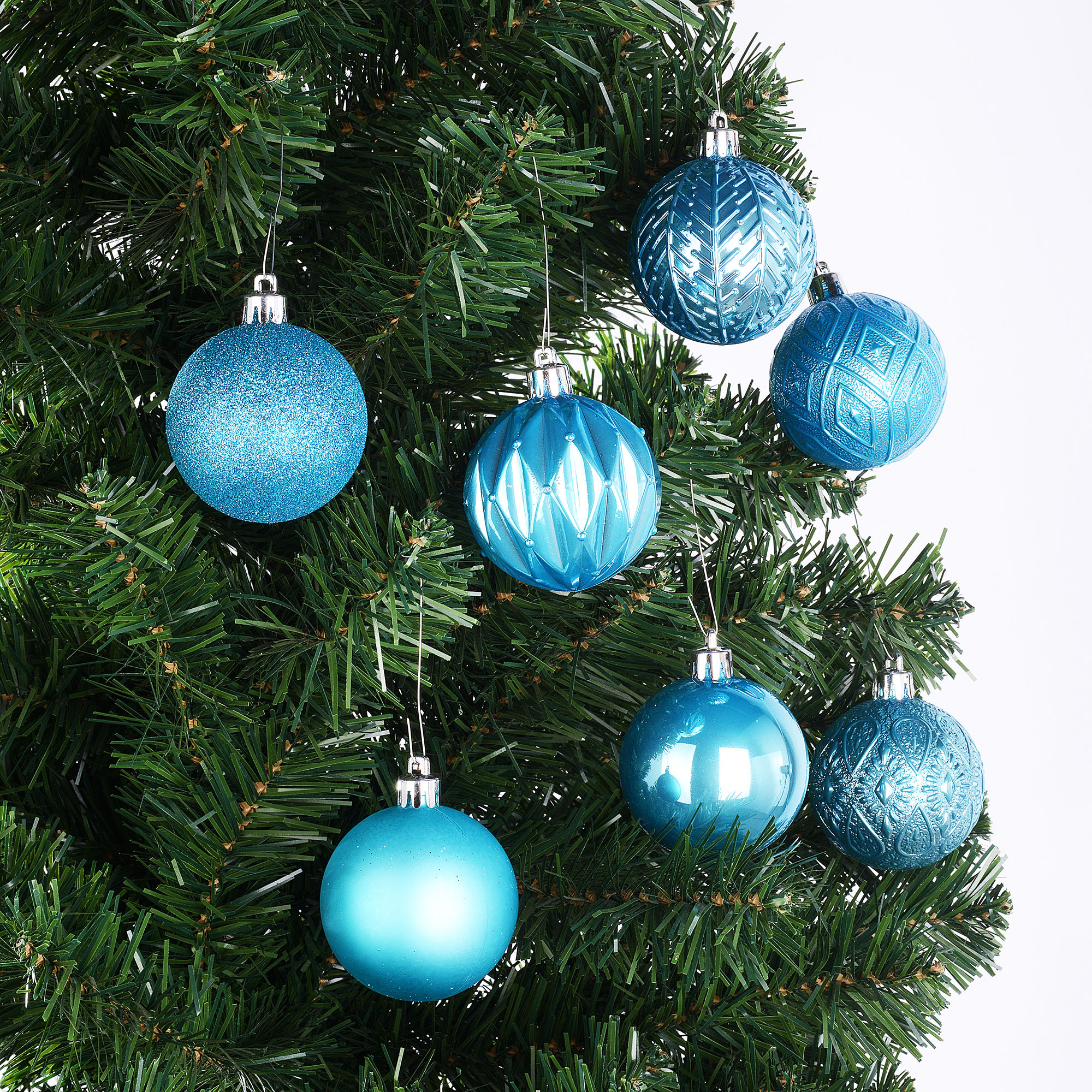 Holiday Time 60 mm Multi-textured Christmas Shatterproof Ornaments, Turquoise, 26 Count
