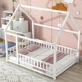 thumbnail image 2 of Full Size Floor Bed for Kids Toddlers, Wooden Montessori Bed Frame with Fence Guardrails and Door, House Bed for Girls Boys Bedroom Playroom, Easy Assembly, White, 2 of 9