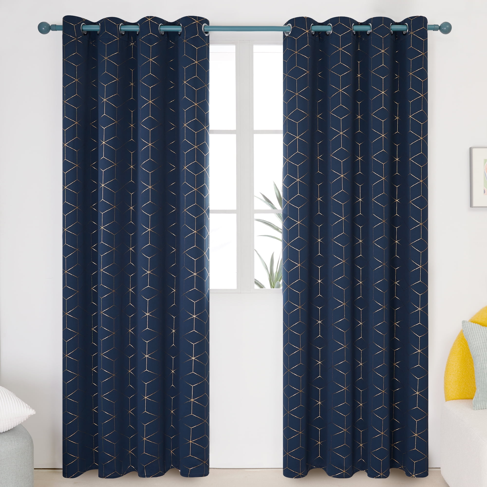 Deconovo Thermal Insulated Blackout Curtains Grommet Sliver Diamond Foil Print Room Darkening Curtain Panel for Bedroom 42x63 Inch Navy Blue Set of 2