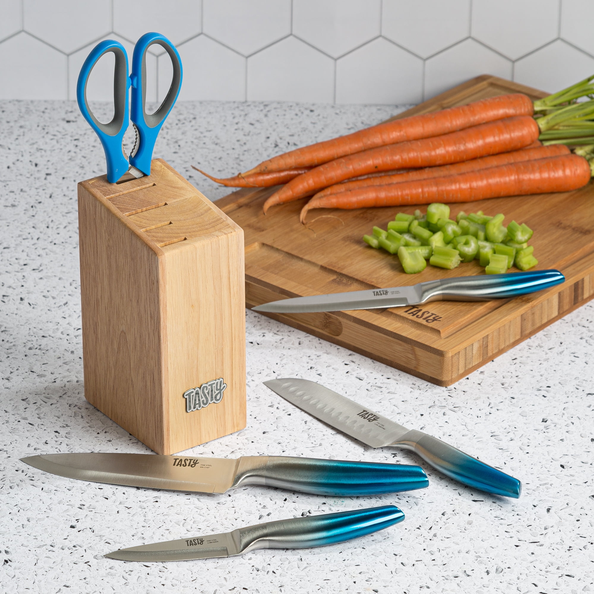 Essentium 6-Piece Resin Handle Knife Set // Walnut Block  Modern knife sets,  Knife sets, Modern kitchen knife set
