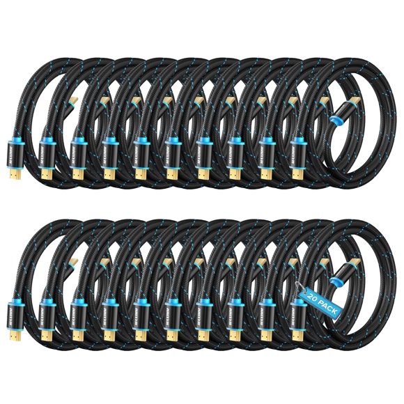 HDMI Cable 4K Ultra HD 4 Foot (20 Pack) Nylon Braided HDMI 2.0 Cable, High Speed 18Gbps 4K@60Hz HDR, 3D, 2160p, 1080p, HDCP 2.2, ARC, HDMI Cables for Monitors, HDTV