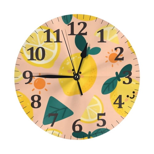Zhmjortal Lemon Sun Pattern Wall Clocks Battery Operated 10 inch - Quiet Silent Round Clock Non-Ticking Desk Clock Decor for Kitchen Bathroom Living Room Office School Home Decorations