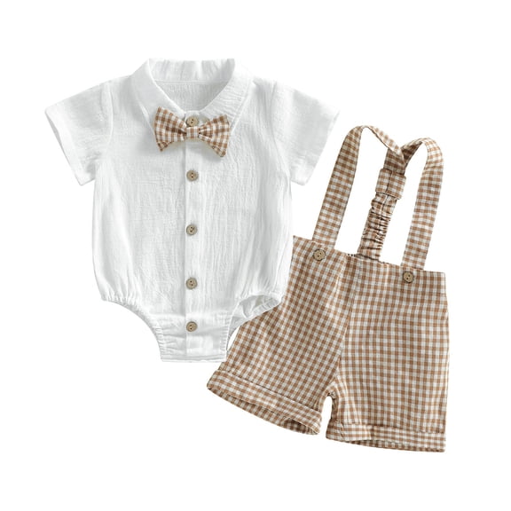 RMGVDSD Infant Baby Boy Clothes Summer Short Sleeve Romper Dress Shirt With Bowtie Suspenders Shorts Suit Toddler Gentleman Outfits Stylish Party Wear
