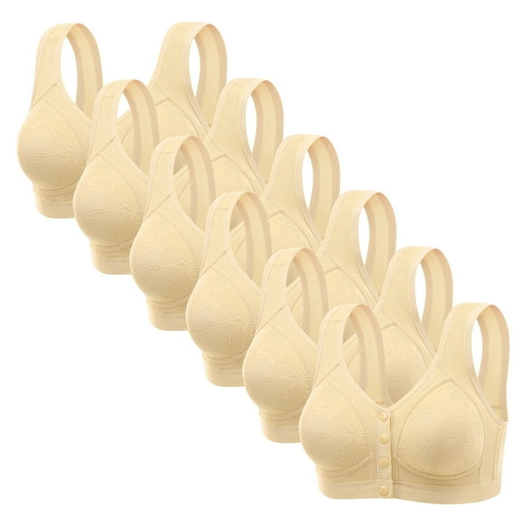 JGGSPWM 6 Pieces Daisy Lace Bras for Women Front Closure No Underwire Comfort Senior Wireless Snap Closing Bra Beige XXL