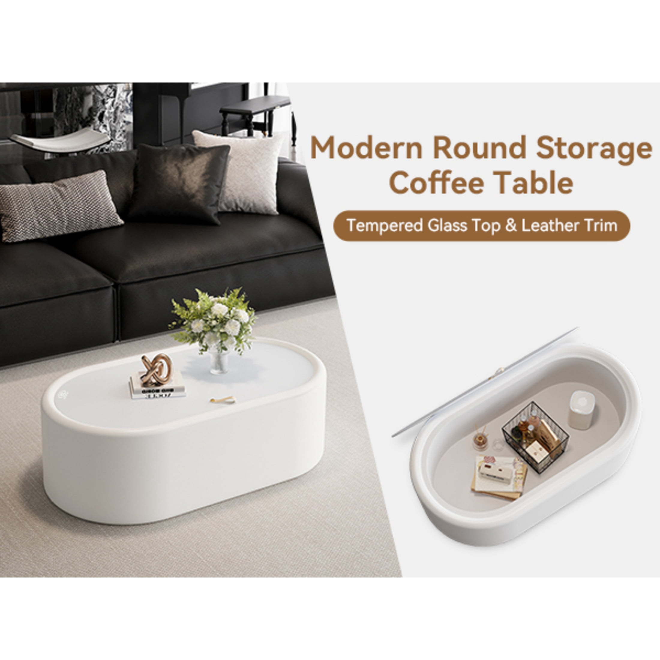 Noble House Morade 33.5" Fluted Curved Rectangle Storage Coffee Table with Glass Top & Leather Wrapped for Living Room, White