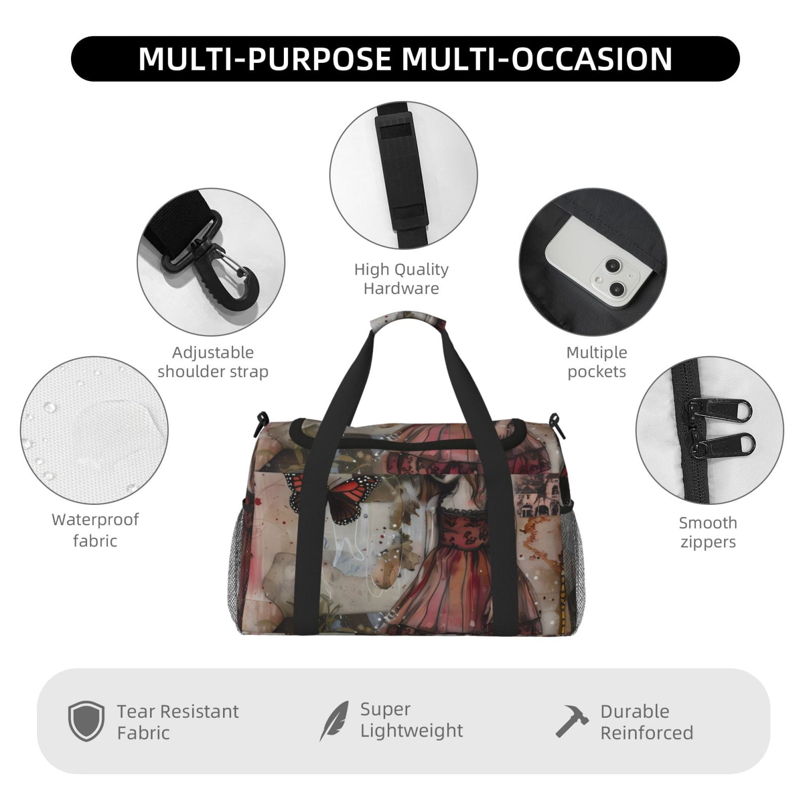 Fuzoiu Vintage Collage Girl Butterfly Print Travel Duffle Bag,Carry On Tote Bags,Duffel Bag,Sport Gym Bag, Hospital Bag for Labor and Delivery, Overnight Bag,Luggage Bag