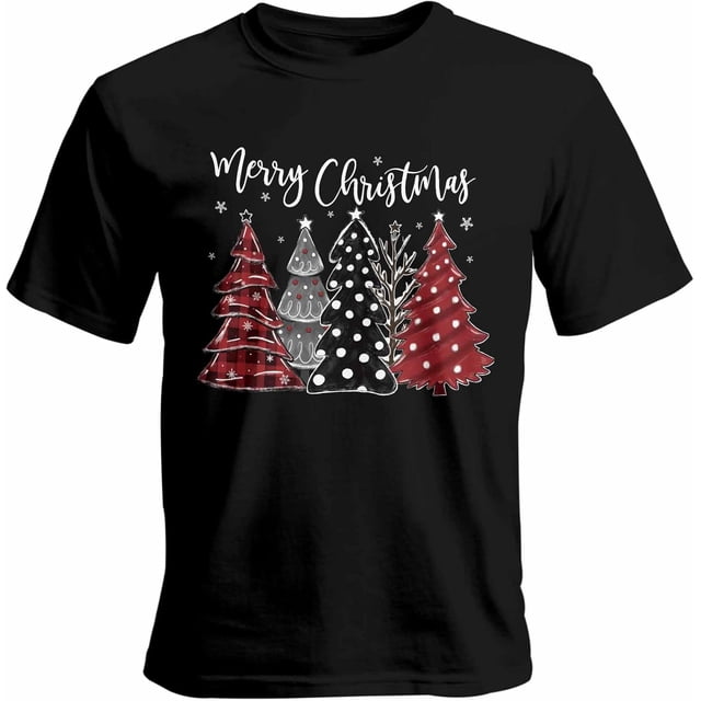 Camisetas gráficas informales de manga corta con árbol de Navidad rojo sobre fondo negro para hombre
