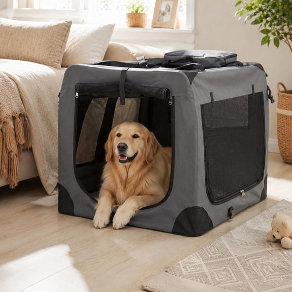 Collapsible Soft Dog Crate, Xl, Mesh Windows, 3 Doors, 600D Oxford Cloth, Foldable Pet Carrier