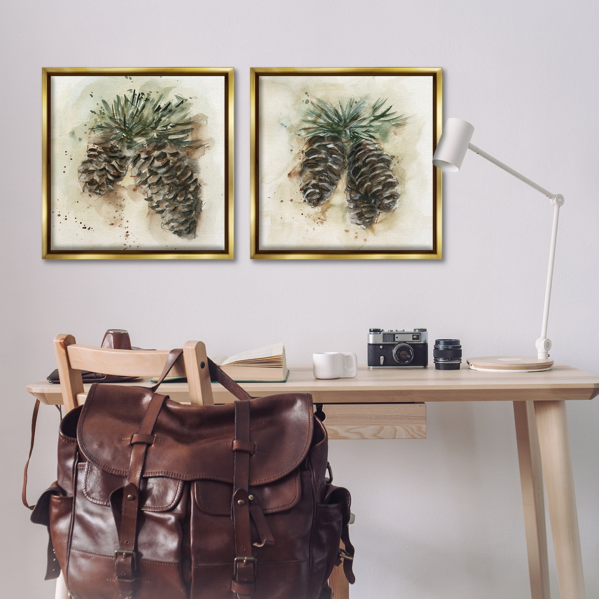 Stupell Industries Watercolor Drawing Pine Cones Plants & Flowers Painting Gold Floater Framed Canvas Art Print Wall Art, 25 x 25, Set of 2