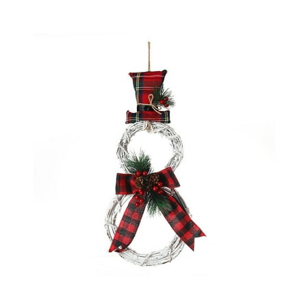 

Xmas Wreath Decor with LED Light Rattan Bow Circle Snowman Garland Wood Hanging Pendant Front Door Fireplace Wall Holiday black and white grid