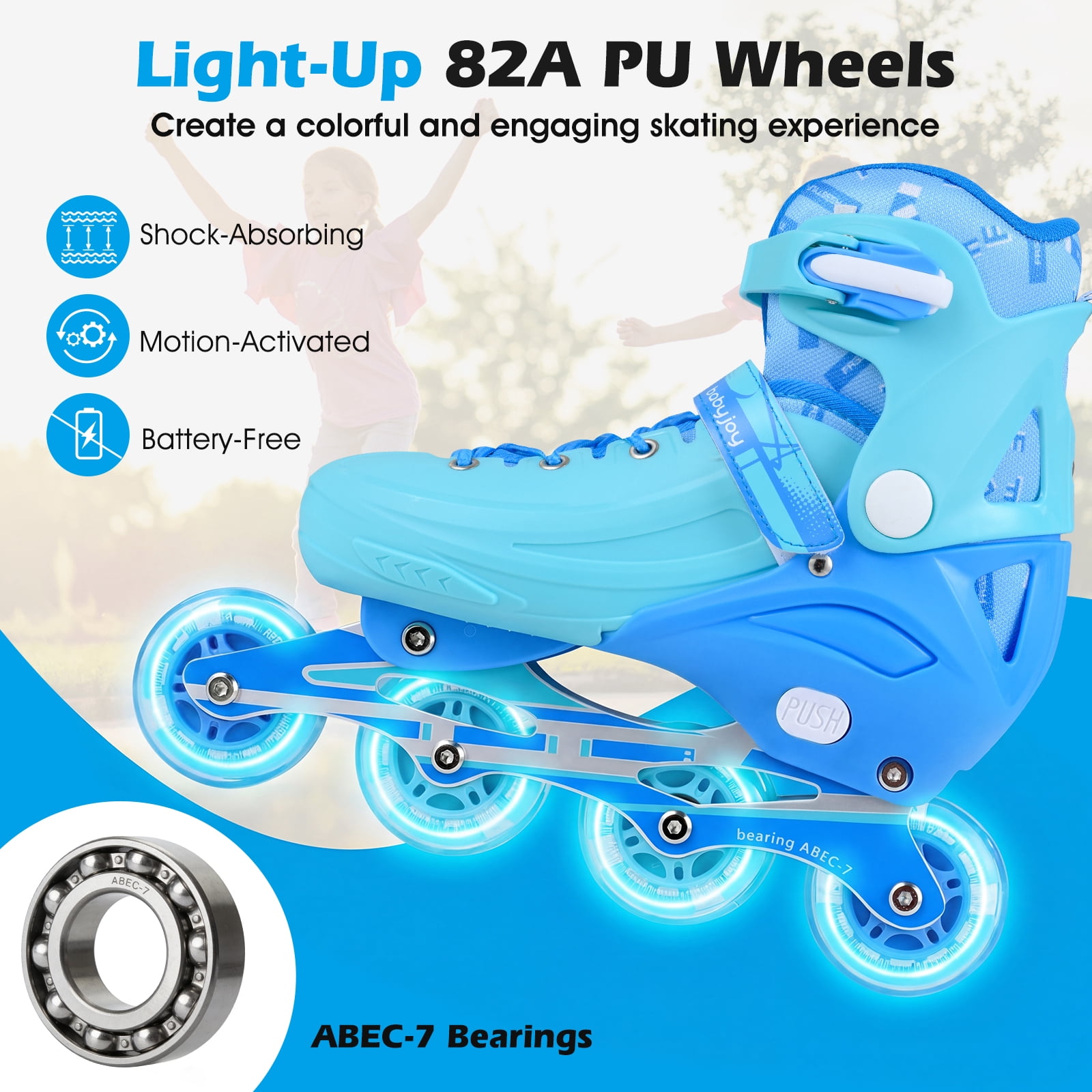 Babyjoy Kids Inline Skates, Adjustable Light-Up Roller Skates with Illuminating Wheels Blue