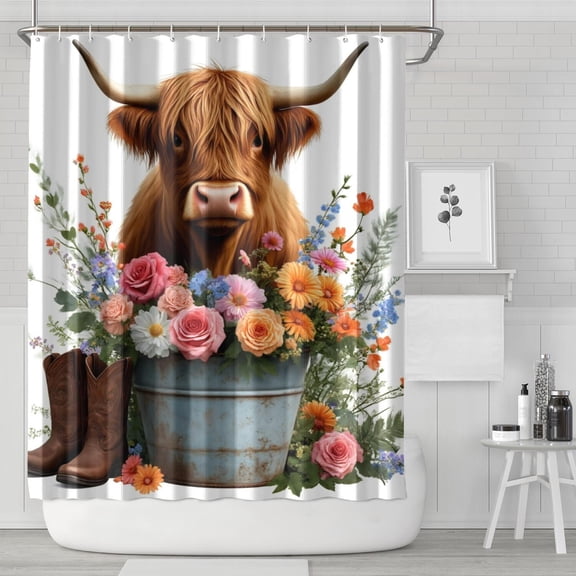 Highland Cow with Flowers 72x84in Shower Curtain,Bathroom Decorative Shower Curtains Set with 12 Hooks,Modern Waterproof Washable Shower Curtain