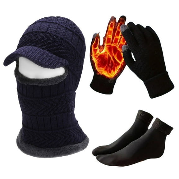 Xfvqtps Men Hat Gloves Socks Set with Plush Lined Balaclava Face Mask Hooded Hat with Brim Neck Warmer Touchscreen Knit Cozy Soft Stretchy Extended Winter Warm Set Navy