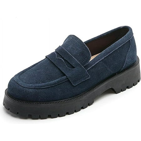 

Women S Platform Chunky Loafers with Arch Support Comfortable Slip-On Retro Suede Flat Oxford Shoes-深蓝色||39码