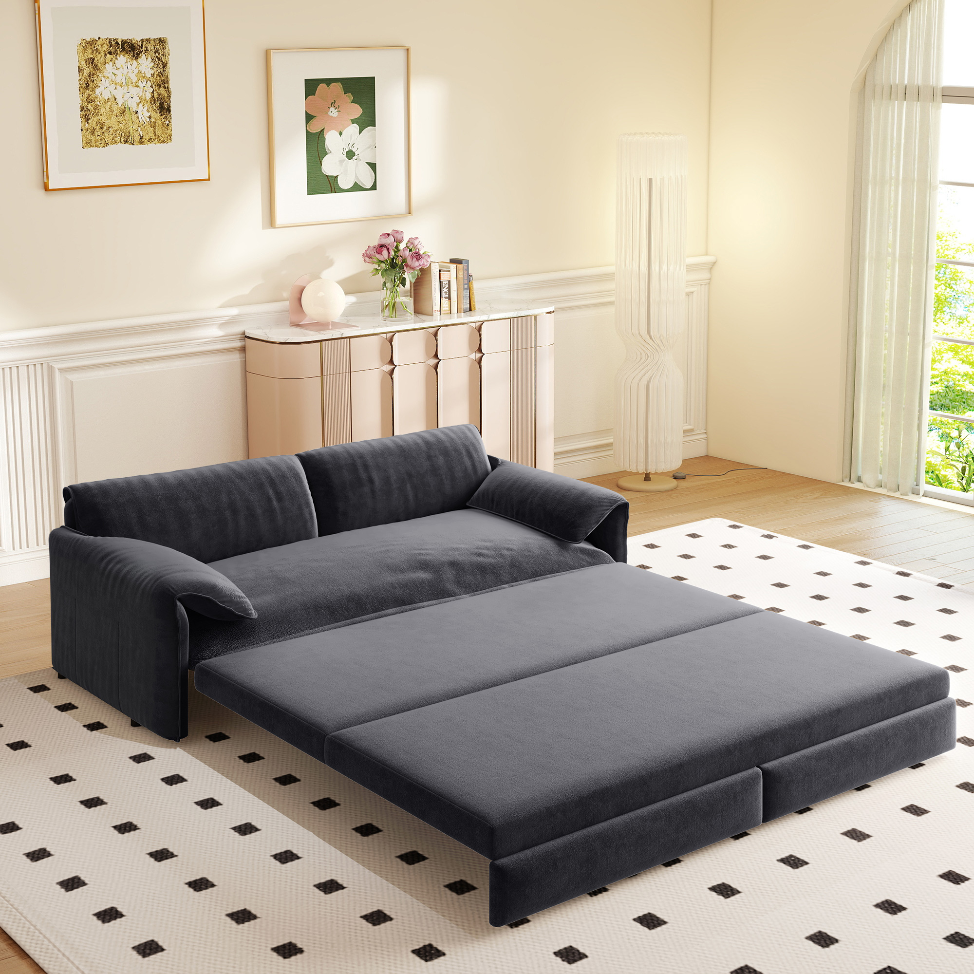 Timbernest 66" Futon Sofa Bed, 3 in 1 Convertible Sleeper Sofa Queen Size with Side Storage, Velvet Pull Out Sofa Bed, Gray