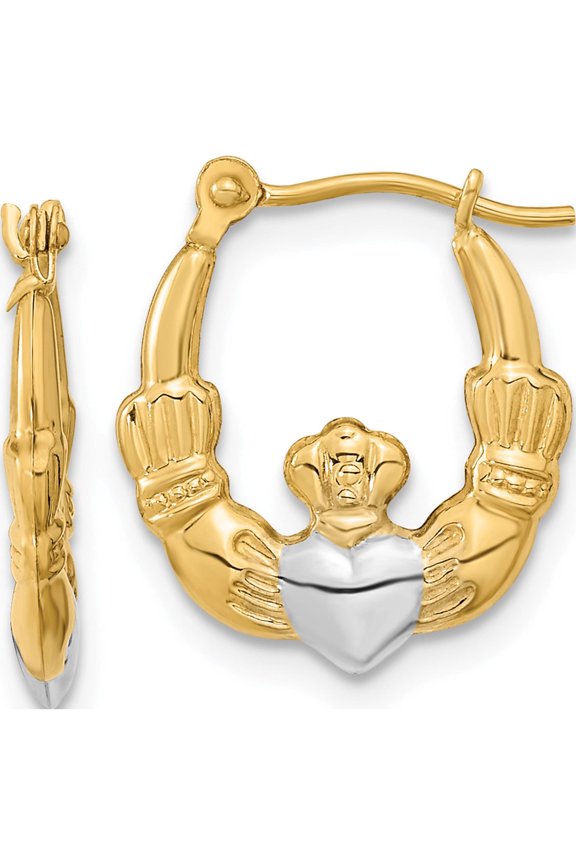 14K Yellow Gold With White Rhodium Polished Claddagh Hoops (17.49 X 16.3) Made In Israel ye1788
