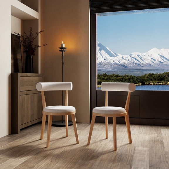 Upholstered Dining Chair, Set of 2 with Thick Padded Seat and Rubberwood Frame, Beige Fabric for Modern Dining Room Kitchen