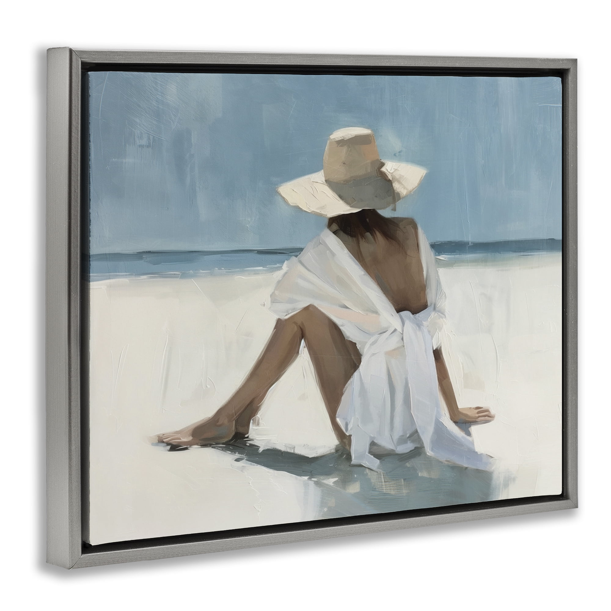 Stupell Industries Ocean Dream Woman People Painting Gray Floater Framed Canvas Art Print Wall Art, 21 x 17