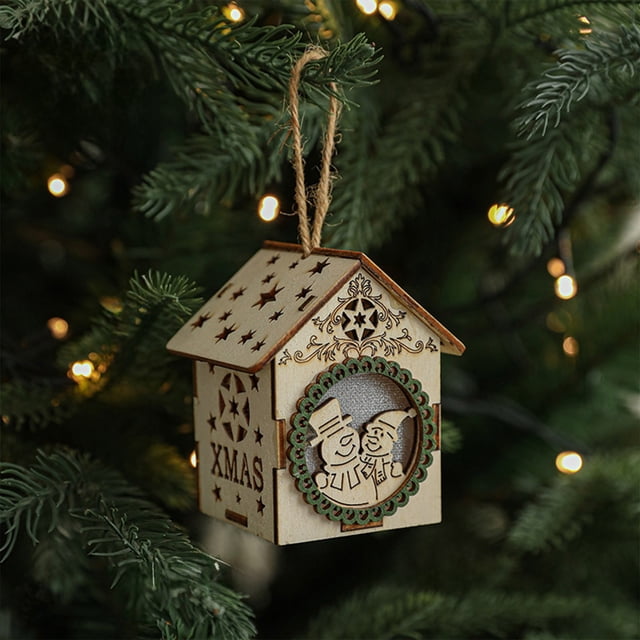 Casita de Madera Led para Decorar El Árbol de Navidad | Ambiente Festivo | Madera Resistente | Funciona con Pilas | 8 X 7 X 5 Cm | Color Beige | 1 Casita