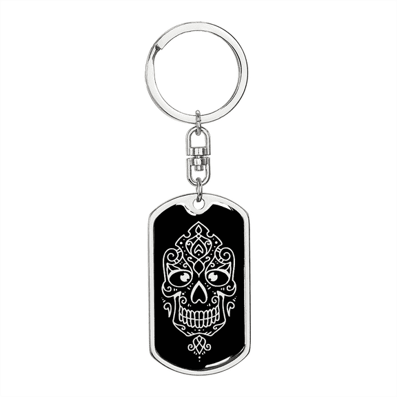 Calavera Mexican Sugar Skull 100 Stainless Steel or 18k Gold Premium Swivel Dog Tag Keychain
