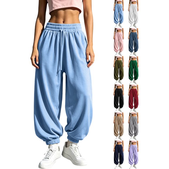 Women's Jogger Sweatpants Elastic Drawstring Waist Loose Fit Ribbed Cuffed Ankle Casual Athletic Workout Lounge Fall Winter Everyday Pants with Pockets