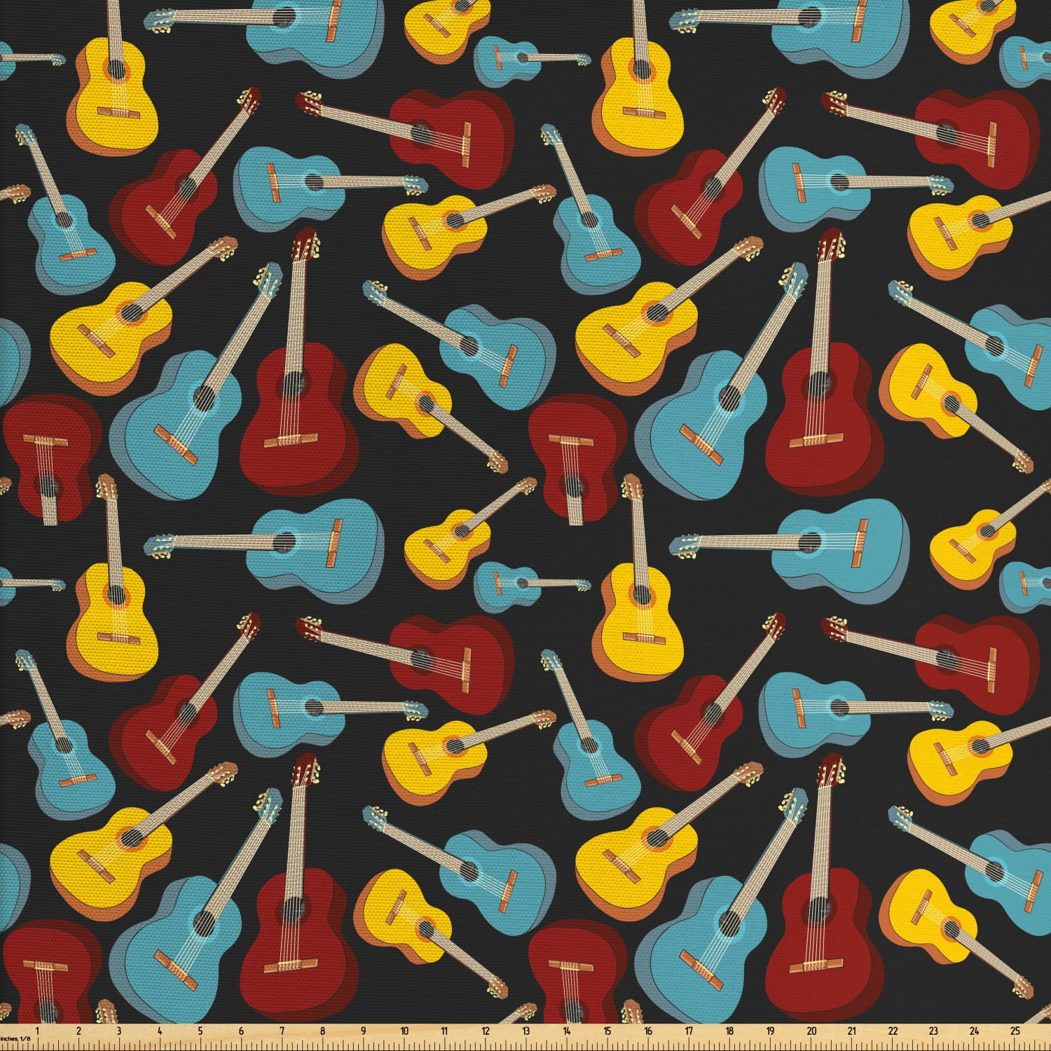 Guitar Fabric by The Yard, Antique Wooden Acoustic Guitars Illustration Folk Country Music