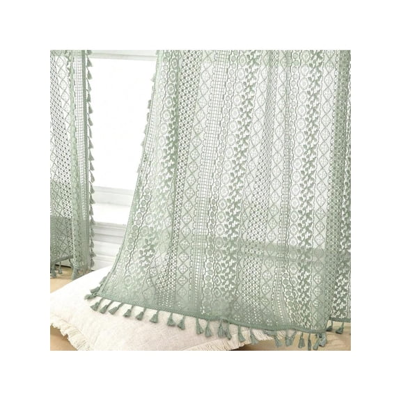 Cotton Rod Pocket Tassel Boho Crochet Lace Curtains Bedroom Living Room Privacy Curtains 2 Panels 63 Inch Mint Green 59inchWx63inchL SageGreen
