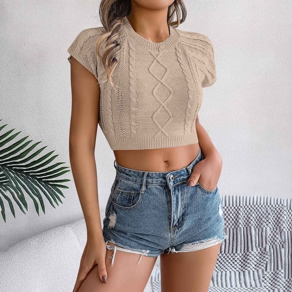 jtjvou Summer Cropped Sweater Vest Cable Knit Crop Top Trendy Cap Sleeve Crop Tank Tops Yellow M
