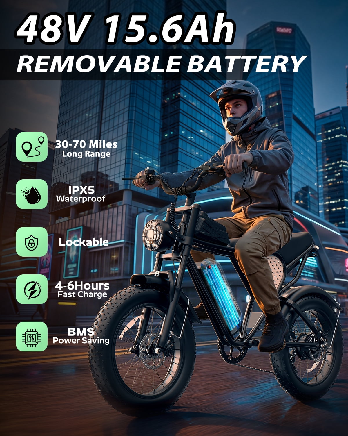Bopzin Electric Bike for Adults, 1500W Peak Motor, 20"x4.0" Fat Tire, 48V/15.6Ah Battery, UL2849 E-Mountain Bike
