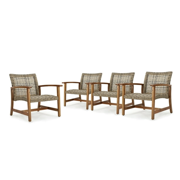 Outdoor Mid Century Wicker Club Chairs with Natural Stained Acacia Wood
