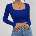 thumbnail image 2 of Thredzr Womens Henley Shirts Long Sleeve Casual Square Neck Basic Ribbed Low Cut Shirt Long Sleeve Spring Fall Winter Solid Color Tshirts 06# Royal Blue XS, 2 of 5