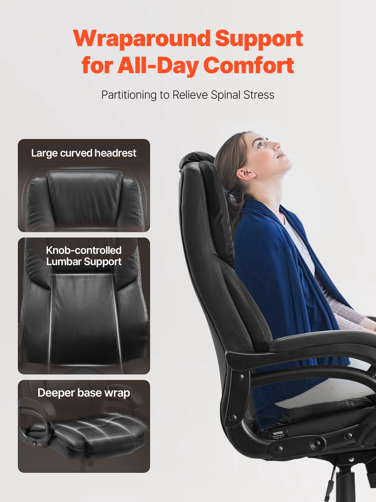 KFFKFF Managerial Chair, Elevated Backrest Workstation Seat with Dial-Controlled Lower Back Support, Comfortable Task Chair with Adjustable Incline & Elevation, Faux Leather Revolving Chair