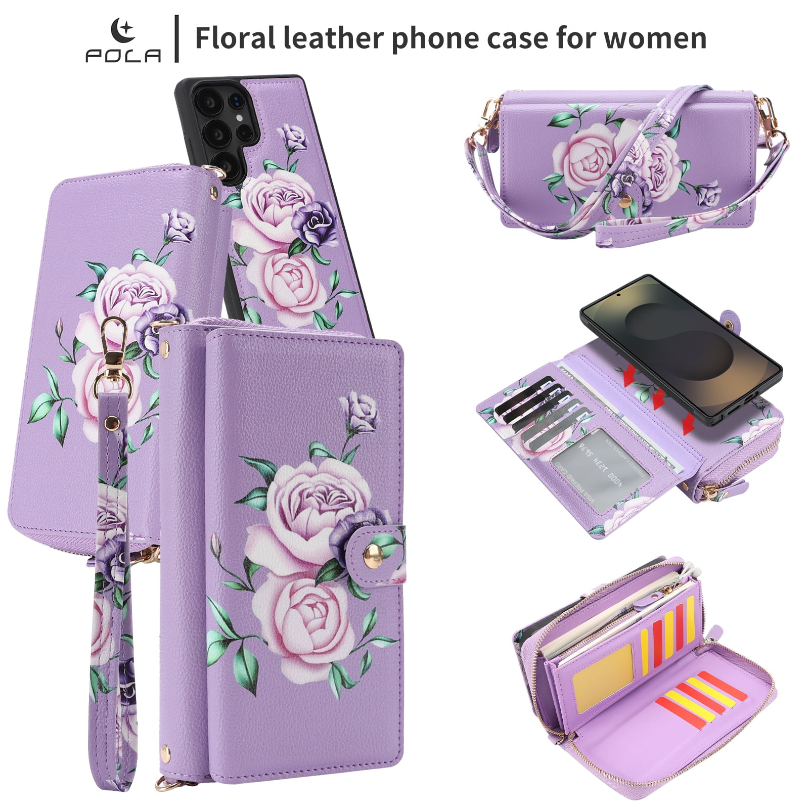 TECH CIRCLE 2-in-1 Wallet Case for Galaxy S23 (6.1", 2023), Detachable Magnetic Back Cover, PU Leather Flip Flower Phone Case with 15 Card Slots, Zipper Pocket, Wrist/Shoulder Strap, Purple