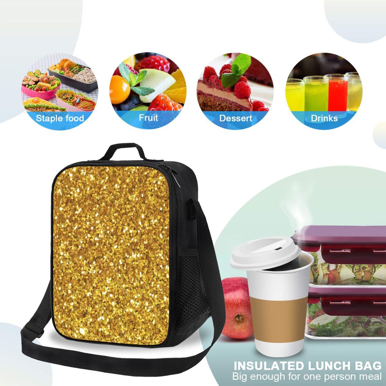 Ratiio Gold Glitter Print Lunch Box - Reusable Lunch Bag Men Adult Women- Insulated LunchBox