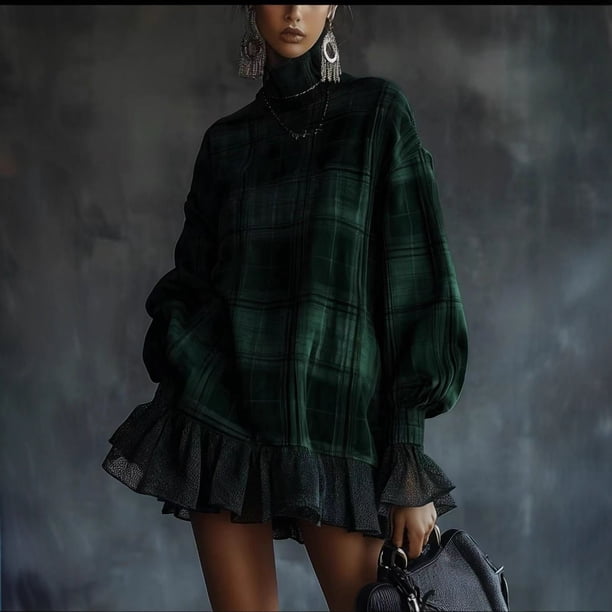 Women's Deep Blue Dark Green Plaid Turtleneck Mini Dress Long Sleeve Shift Dress with Balloon Sleeves Mesh Ruffle Hem and Hidden Pockets