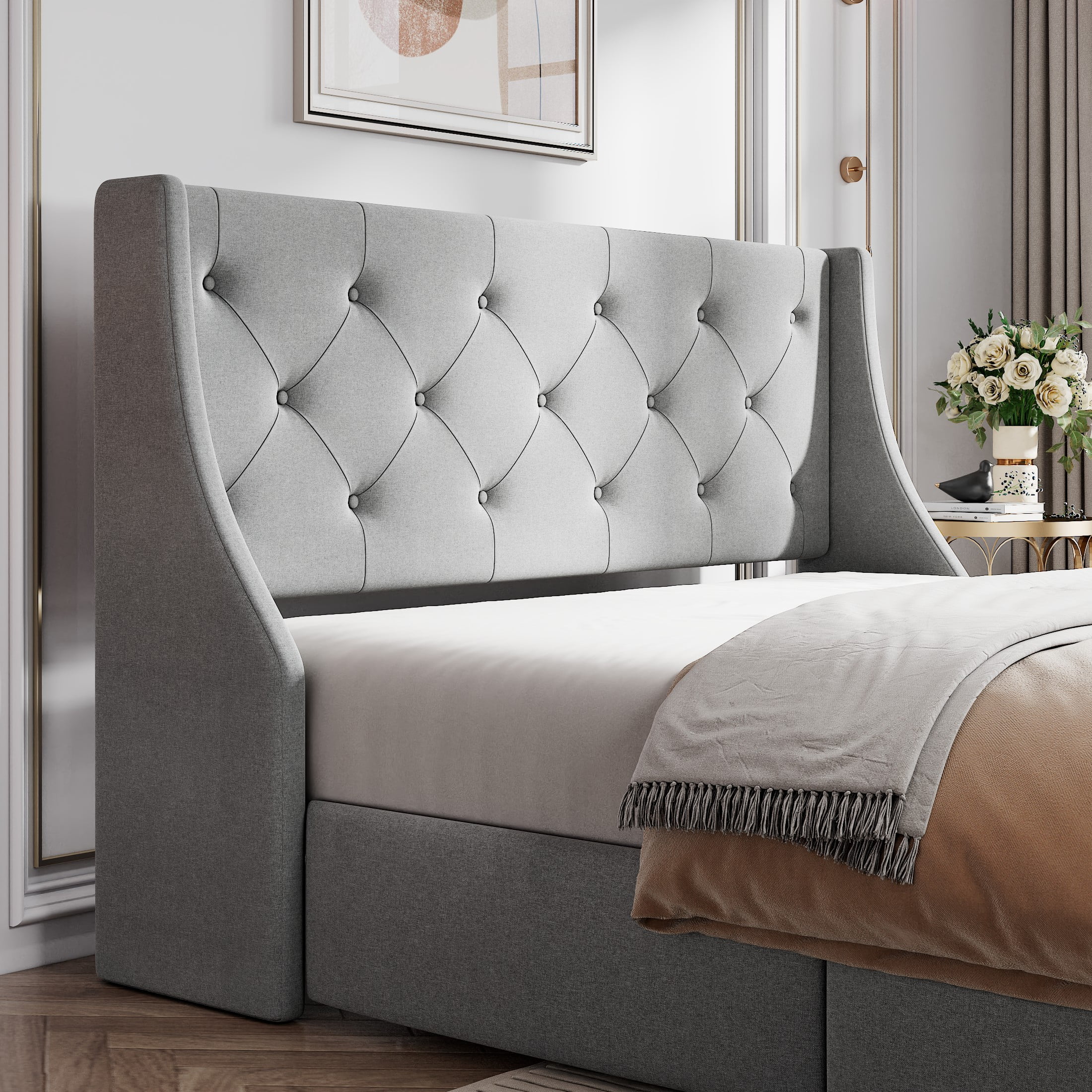 Amolife Full Size Upholstered Platform Bed Frame with 4 Storage Drawers & Fabric Tufted Wingback Headboard, Light Gray